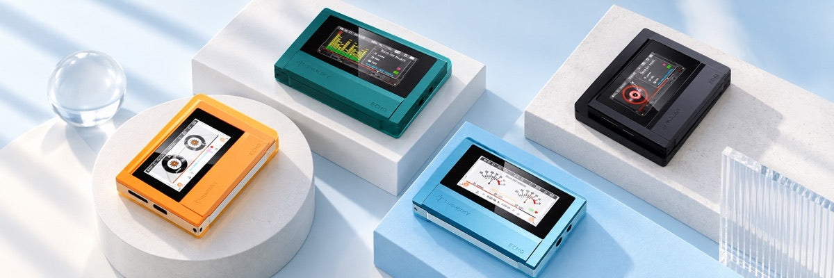 Colourful FiiO SNOWSKY ECHO music players on pale blue and white plinths