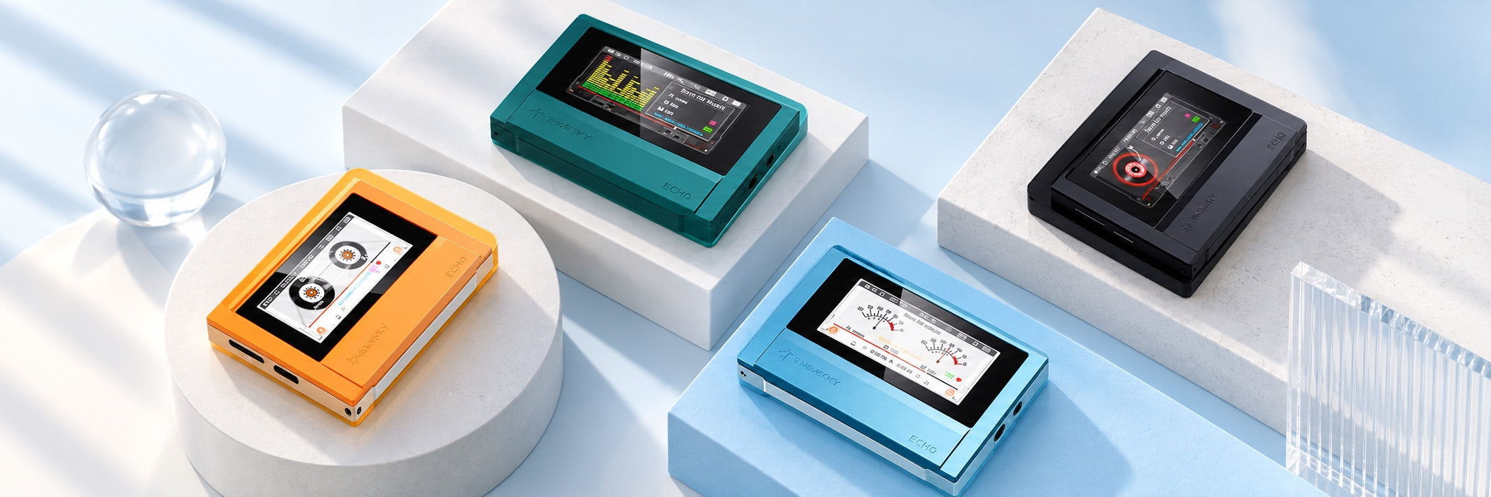 Colourful FiiO SNOWSKY ECHO music players on pale blue and white plinths
