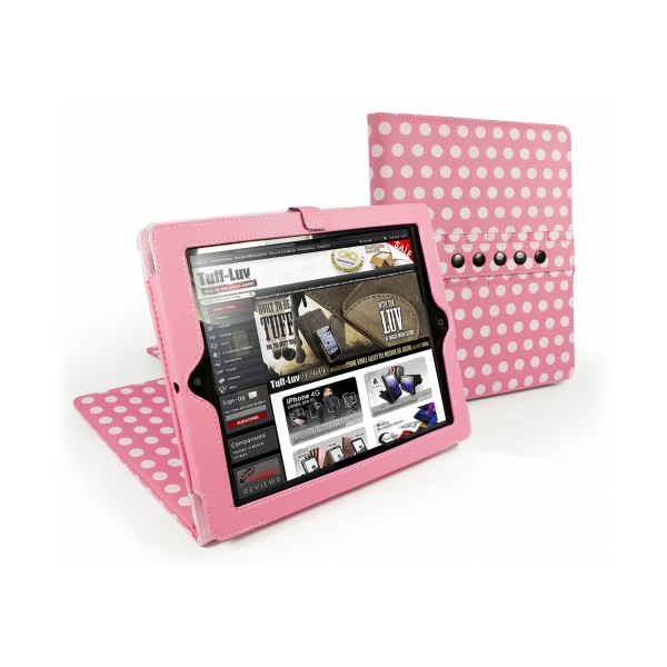 Tuff-Luv iPad 2 Multi-View Stasis Series: Polka-Hot Faux Leather Case Cover Colour PINK