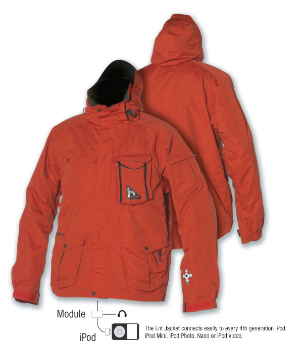 Understated and oozing class  the H4 Ent. Jacket allows the wearer to enjoy all the benefits of listening to an iPod on the mountain  and none of the cold hands and hassle usually associated with controlling the device. Storing the iPod safely inside the jacket  the wearer is able to control the tune selection via soft touch remote controls integrated into the jacket’s left-hand sleeve. The Ent Jacket connects easily to the wearer’s iPod  iPod Mini  iPod Photo  iPod Touch  iPod Nano &amp; iPod Video. Not compatible with the Apple iPhone. Available in both men’s and women’s styles.Size Details:LargeShoulder to shoulder: 42.5cmUpperchest width back (at 1/2 armhole height): 48cmUpperchest width front (at 1/2 armhole height): 44.5cm1/2 Chest art armpit: 64cmExtra LargeShoulder to Shoulder: 44cmUpperchest width back (at 1/2 armhole height): 52.4cmUpperchest width front (at 1/2 armhole height): 48.9cm1/2 Chest art armpit: 70cm