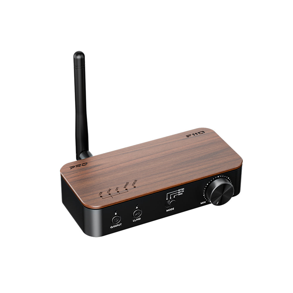FiiO BTA30 Pro in Walnut, front and side view