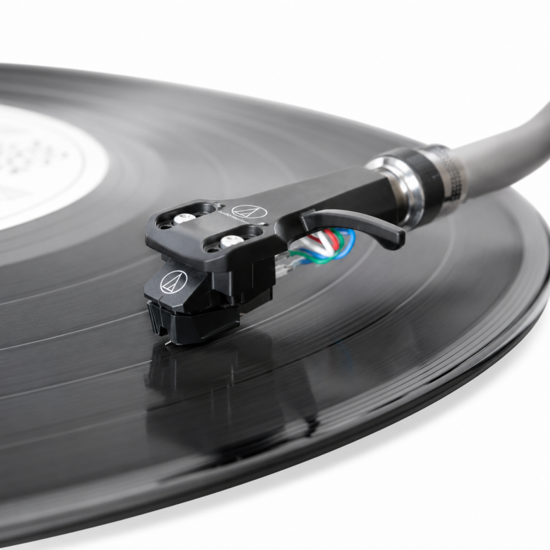 Audio-Technica AT-VM95E cartridge on AT-HS6 headshell, on a turntable