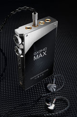 iBasso DX340 MAX music player, back, angled, with earphones