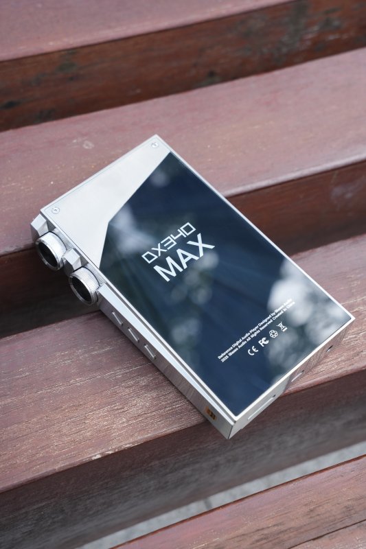 iBasso DX340 MAX music player, front, angled, on a bench