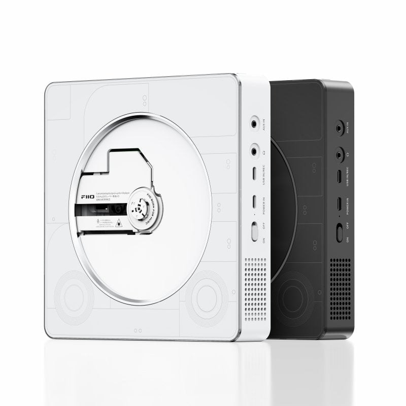 FiiO Snowsky BEATBOX CD player and speaker, white, with black unit behind