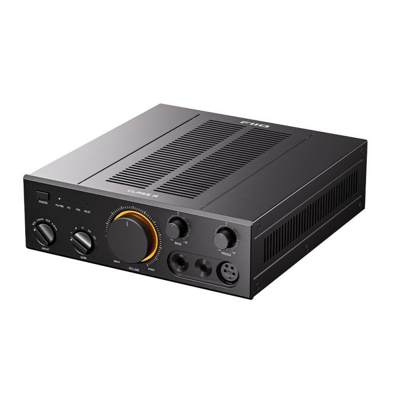 FiiO CLASS A desktop headphone amp and preamp, black, angled