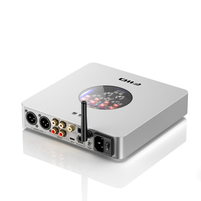 FiiO K13 desktop DAC and headphone amp, silver, rear, angled