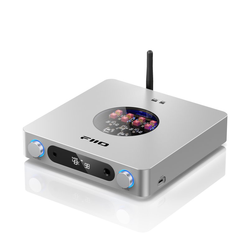 FiiO K13 desktop DAC and headphone amp, silver, angled