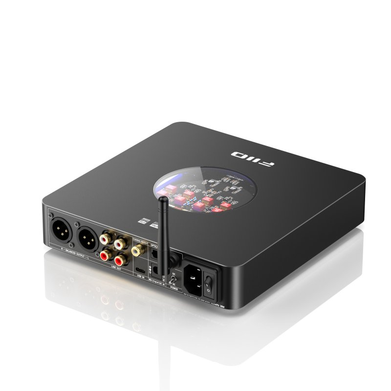 FiiO K13 desktop DAC and headphone amp, black, rear, angled