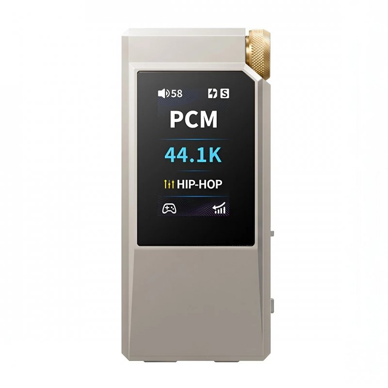FiiO QX11 portable DAC and headphone amp, titanium gold, front with screen