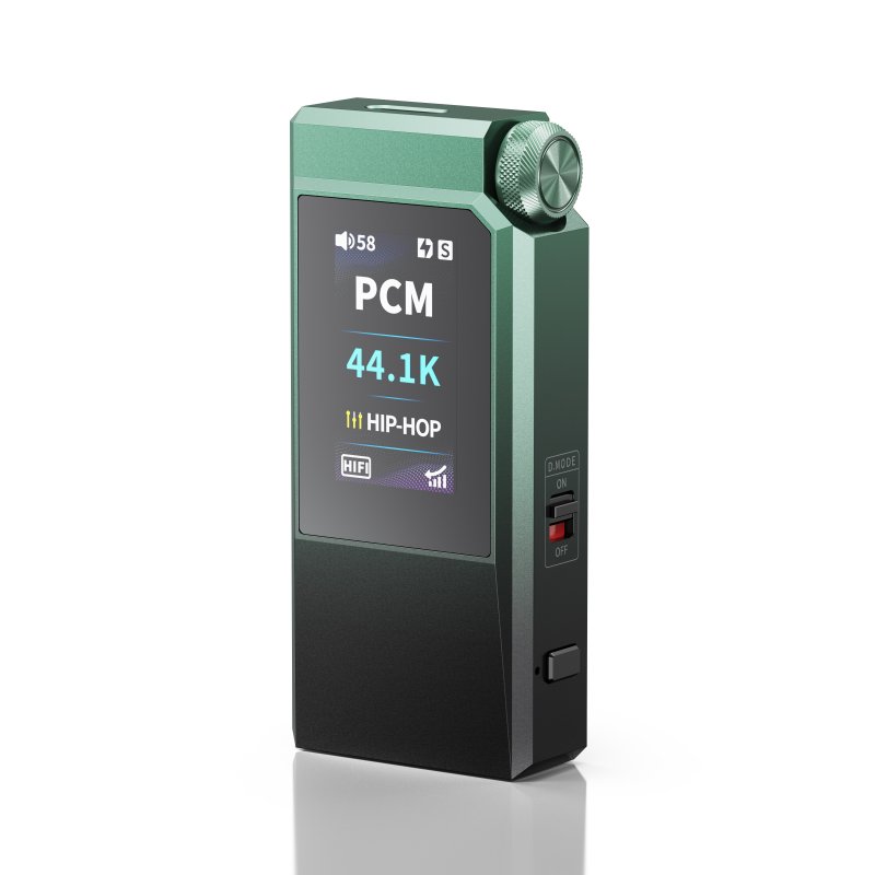 FiiO QX11 portable DAC and headphone amp, green, angled from the other side