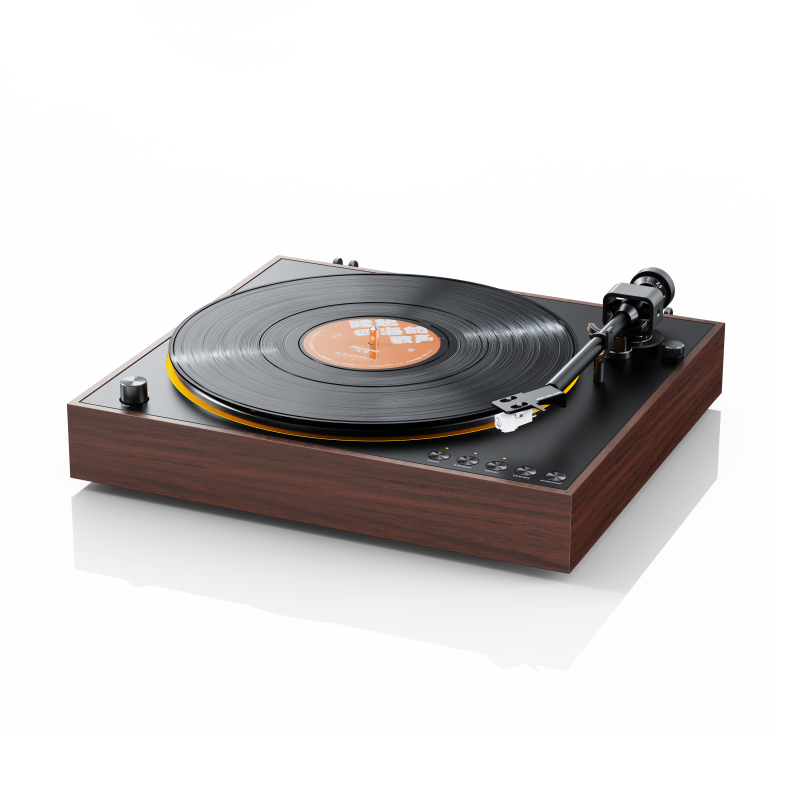 FiiO TT11 automatic turntable, walnut, angled with record