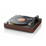 FiiO TT11 automatic turntable, walnut, angled with record