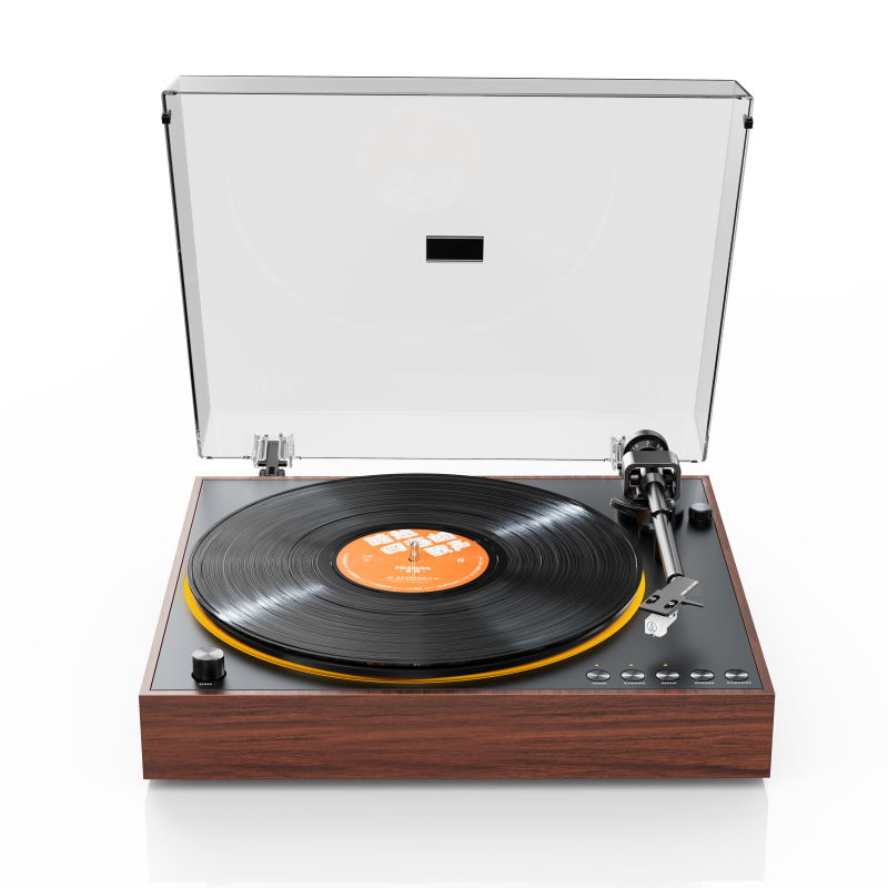 FiiO TT11 automatic turntable, walnut, dust cover raised