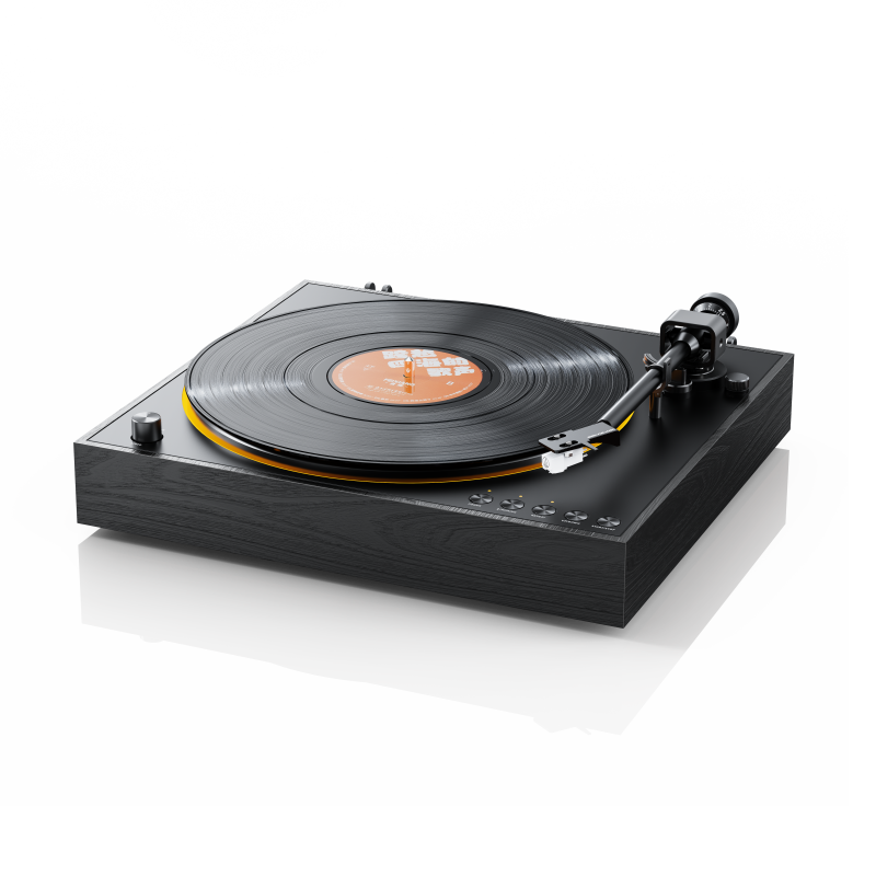 FiiO TT11 automatic turntable, black, angled with record