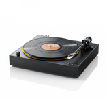 FiiO TT11 automatic turntable, black, angled with record