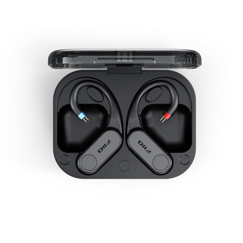 FiiO LINK TWS ear-hook Bluetooth adapter, modules in case, from above