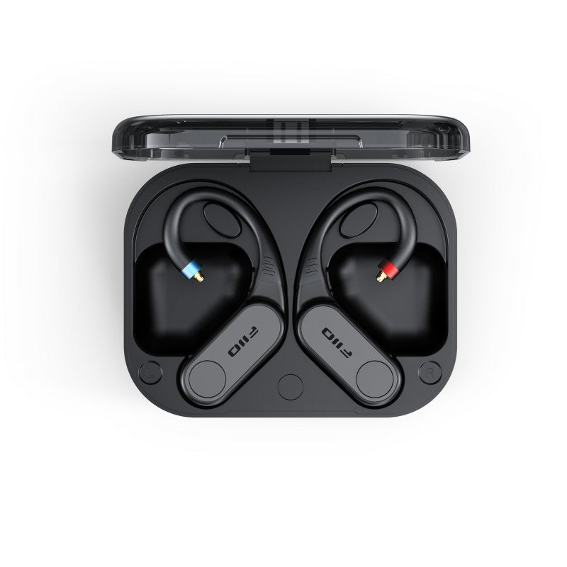 FiiO LINK TWS ear-hook Bluetooth adapter, modules in case, from above, other side