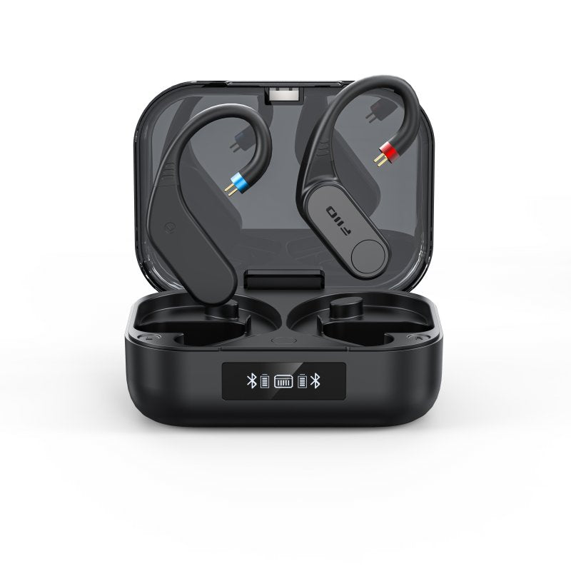 FiiO LINK TWS ear-hook Bluetooth adapter, modules in case, angled