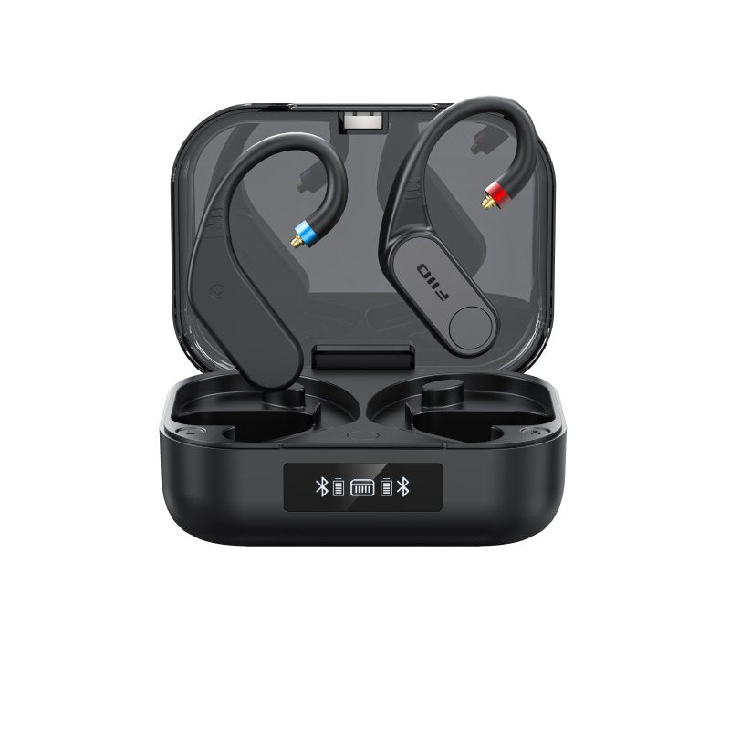 FiiO LINK TWS ear-hook Bluetooth adapter, modules in case, front