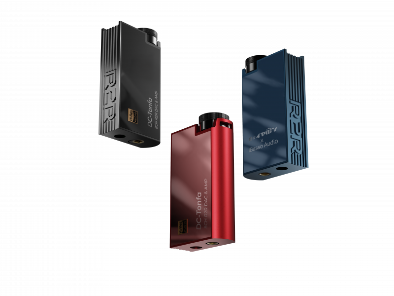 iBasso DC-Tonfa R2R USB dongle DAC, three colours on a dark background