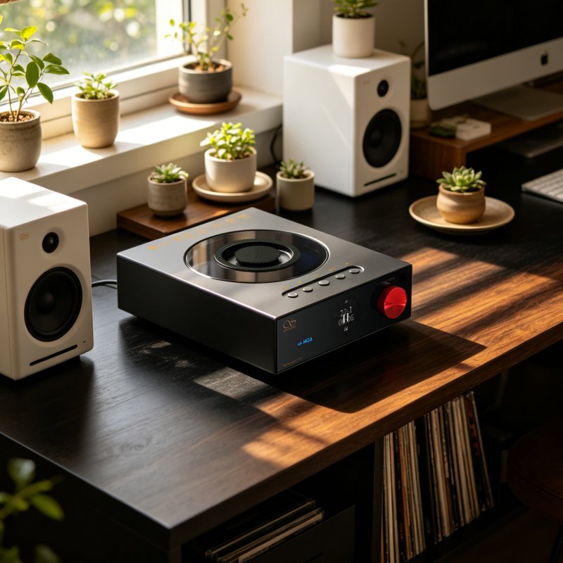 Shanling ET3 EVO CD transport, on a desk with speakers