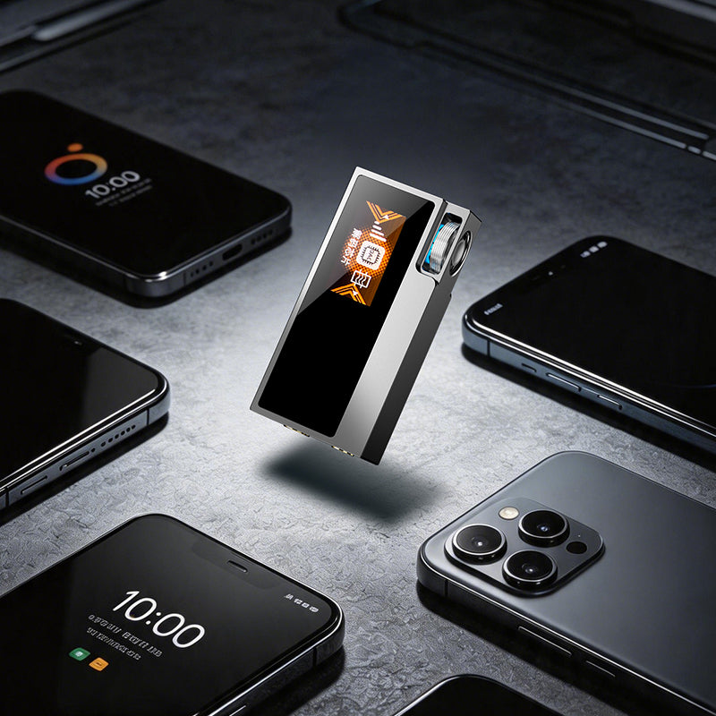 Shanling UA6 II USB DAC and headphone amp, with a phone on a dark desk