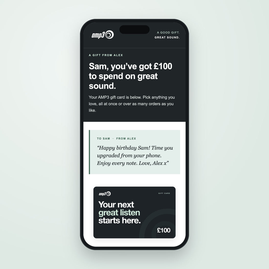 An example amp3 gift card email on a phone