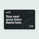 amp3 gift card for £10: Your next great listen starts here, in large white and mint type on charcoal