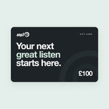 amp3 gift card for £100: Your next great listen starts here, in large white and mint type on charcoal