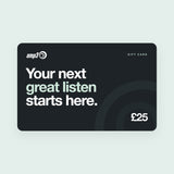 amp3 gift card for £25: Your next great listen starts here, in large white and mint type on charcoal