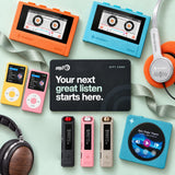 An amp3 gift card surrounded by colourful music players (Snowsky ECHO, INNIOASIS Y1, Snowsky Echo Nano and Disc), orange Snowsky Wind headphones and FiiO FT1 walnut headphones