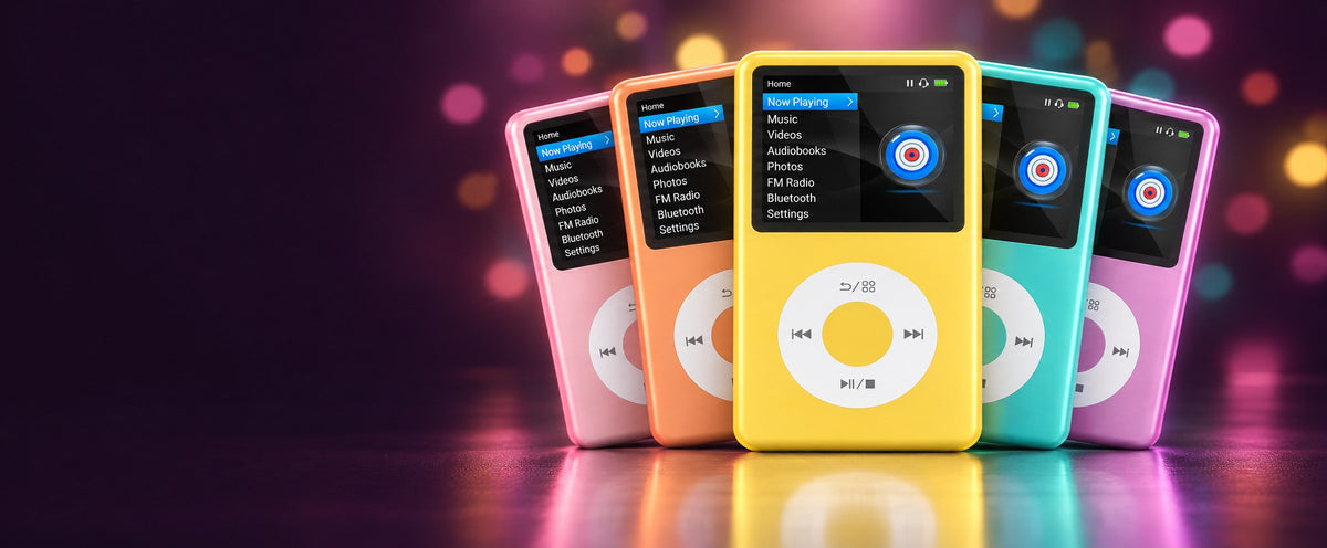 INNIOASIS Y1 MP3 players in pink, orange, yellow, teal and purple, fanned out on a dark plum background