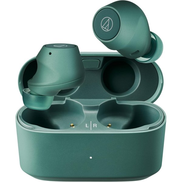 Audio-Technica ATH-CKS30TW+ wireless earbuds, green, earbuds in open case