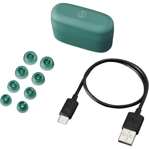 Audio-Technica ATH-CKS30TW+ wireless earbuds, green, ear tips, case and USB-C cable