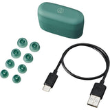 Audio-Technica ATH-CKS30TW+ wireless earbuds, green, ear tips, case and USB-C cable