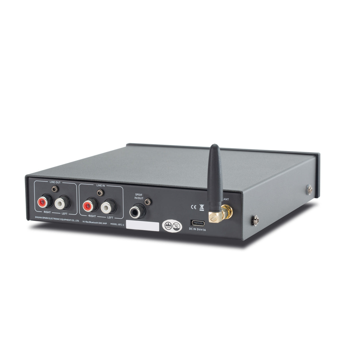 Cayin BTC-2 Bluetooth DAC and headphone amp, black, rear panel, angled