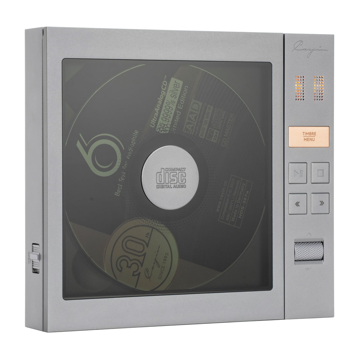 Cayin CP6 portable tube CD player, from above, disc showing through the lid