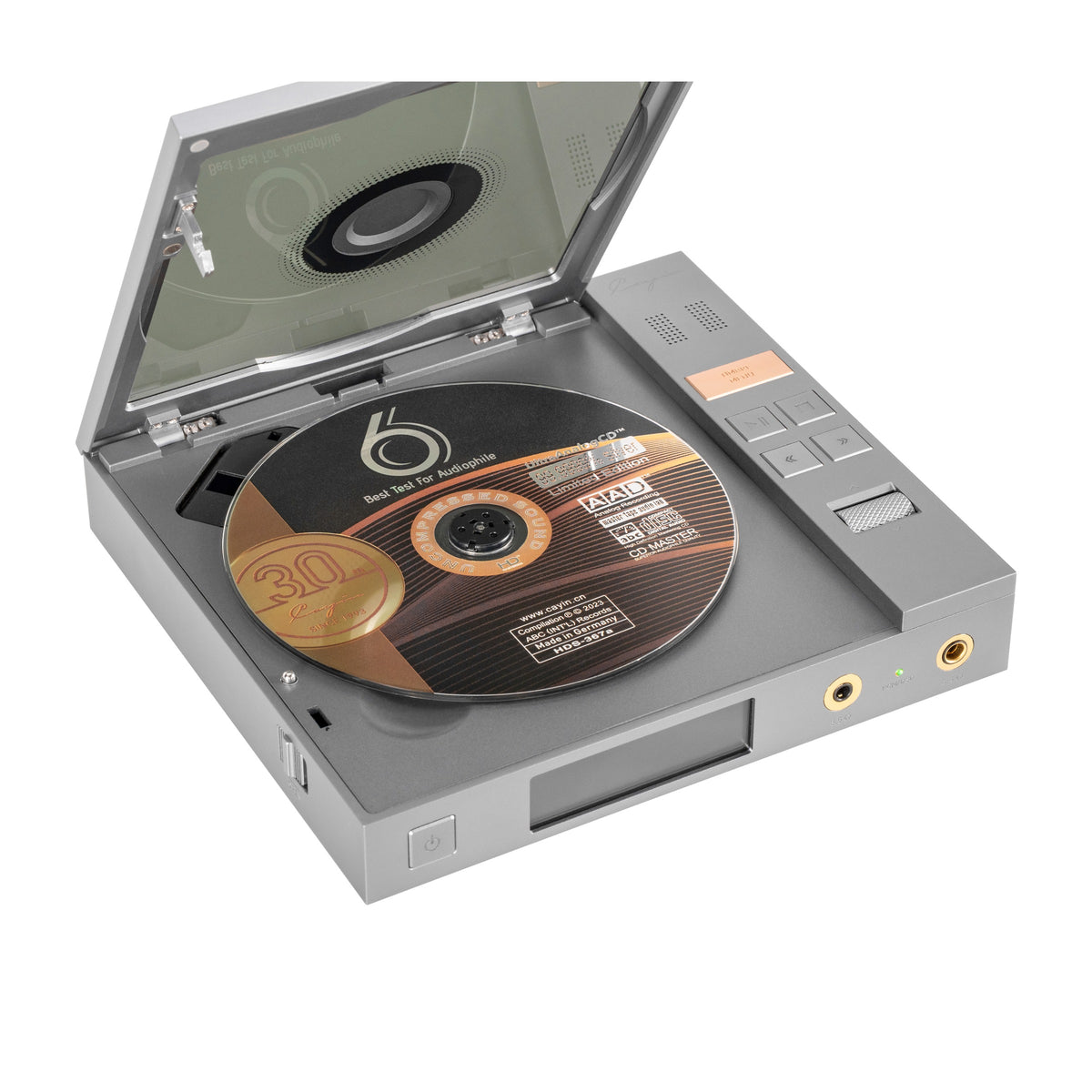 Cayin CP6 portable tube CD player, lid open with a disc