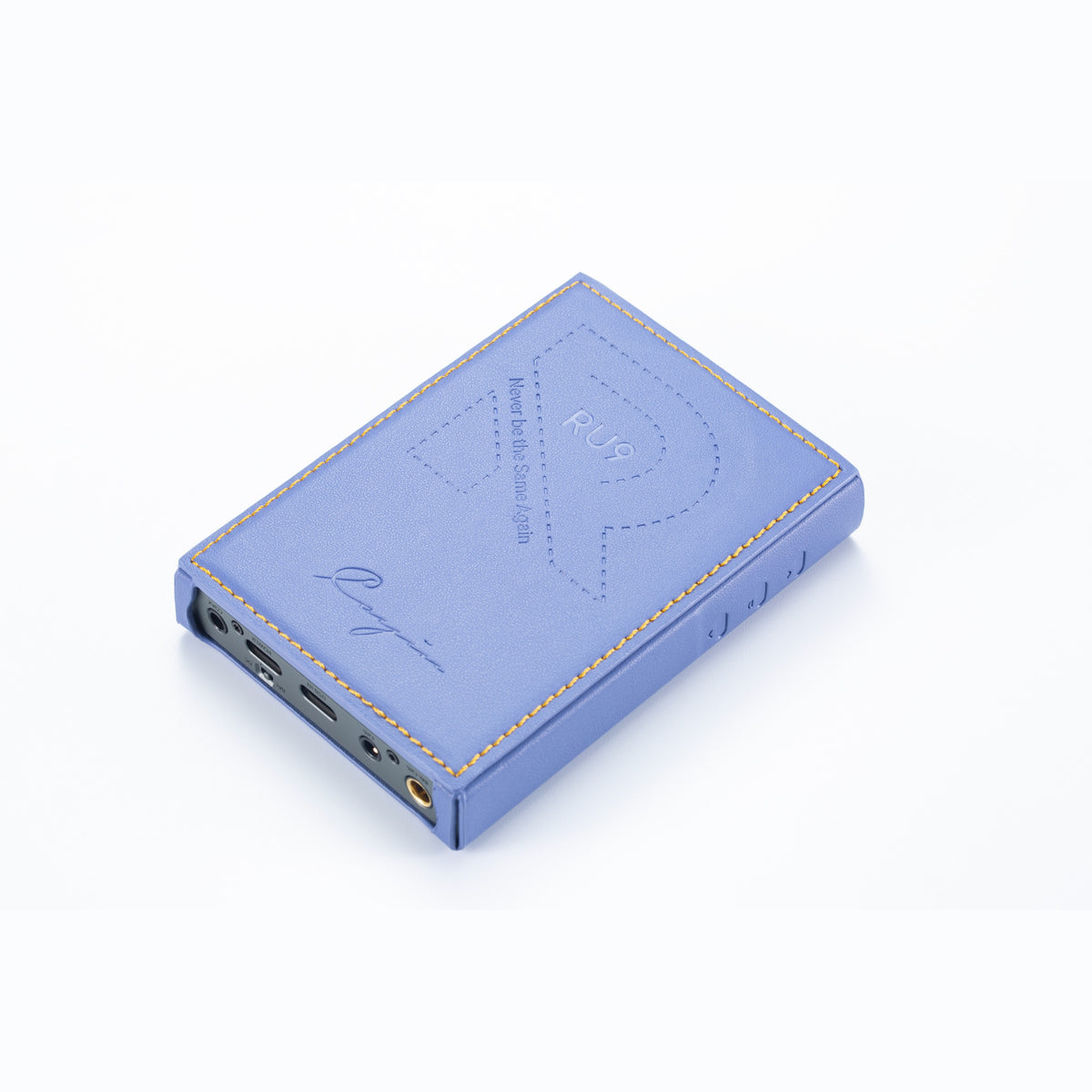 Cayin RU9 portable DAC and headphone amp, in its leather case, from the back