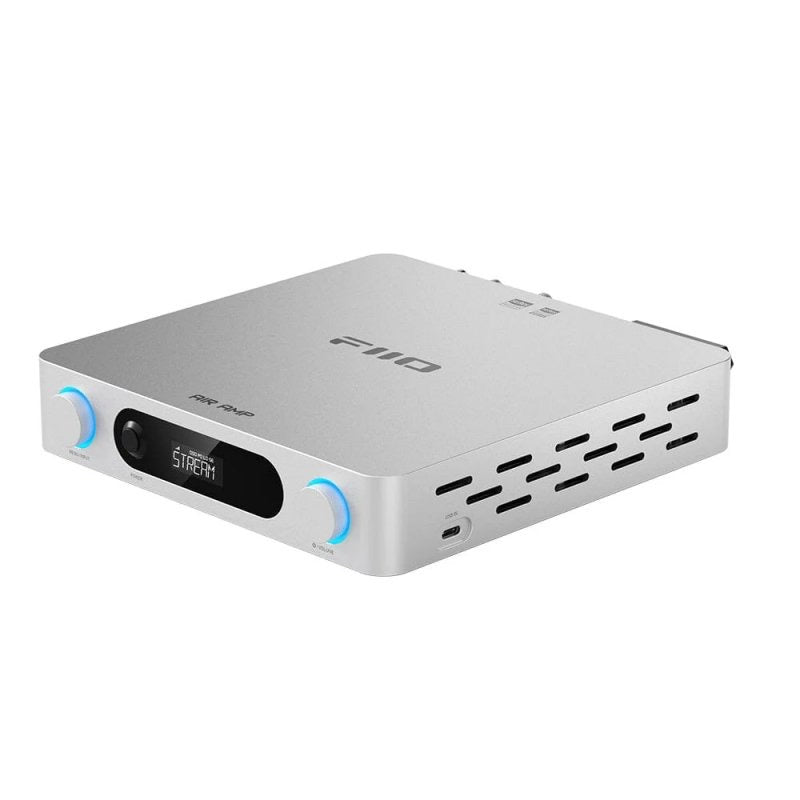 FiiO AIR AMP streamer and power amplifier, silver, angled