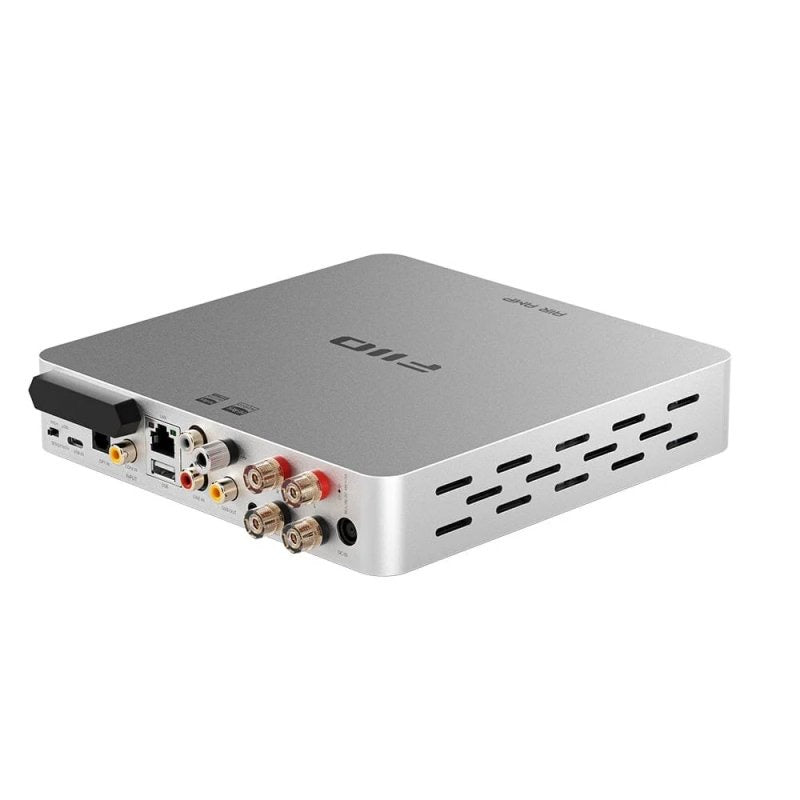 FiiO AIR AMP streamer and power amplifier, silver, rear angled