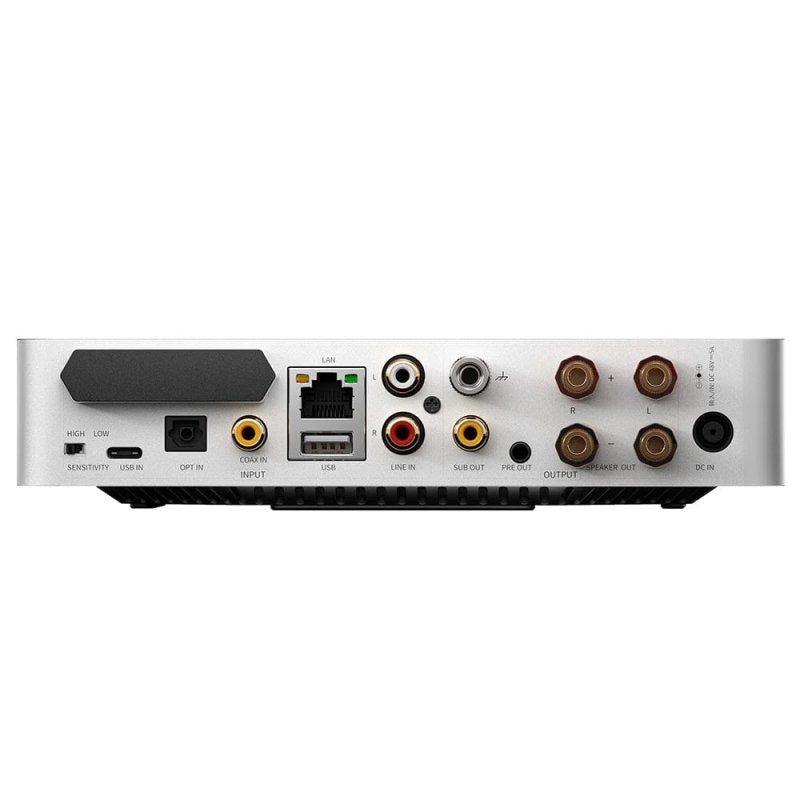 FiiO AIR AMP streamer and power amplifier, silver, rear panel with speaker terminals