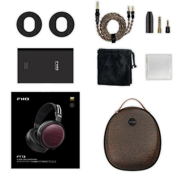 FiiO FT13 closed-back headphones, box contents: ear pads, cables, case and manual