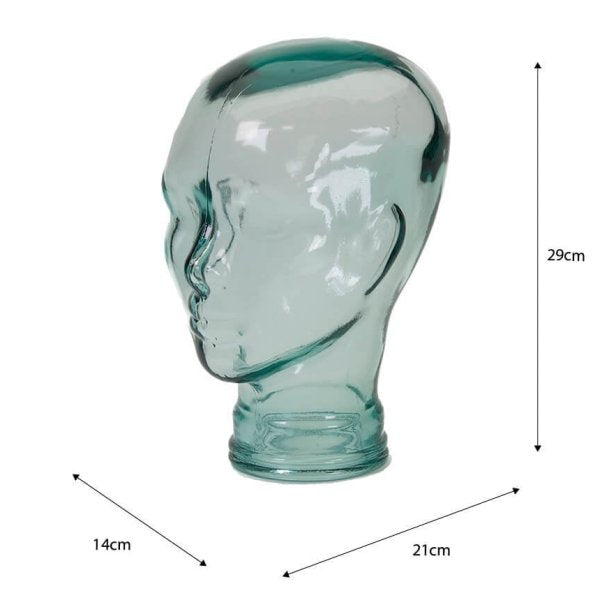 AMP3 glass head headphone stand, clear, with dimensions