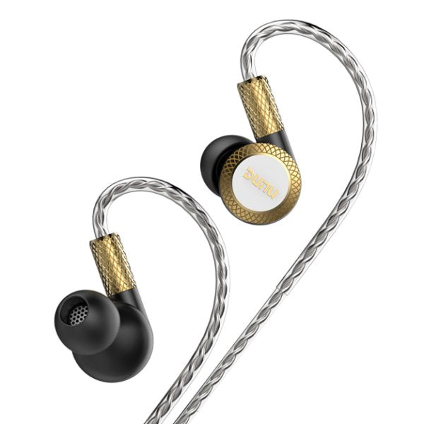 DUNU DM-380 in-ear monitors, angled with cable