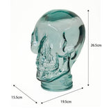 AMP3 glass skull headphone stand, clear, with dimensions