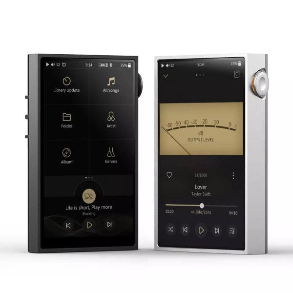 Shanling M5 Ultra music player, black and silver with VU-meter screen