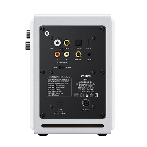 FiiO SA1 desktop active speakers, white, rear panel with inputs