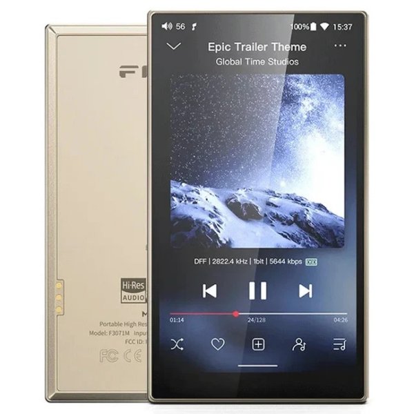 FiiO M21 music player, titanium gold, front and back